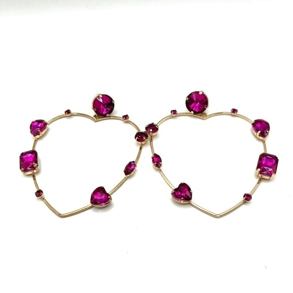 Heart-shaped Earrings Large with Pink Assorted Rhinestones Rose Gold Tone Barbie - Picture 6 of 13